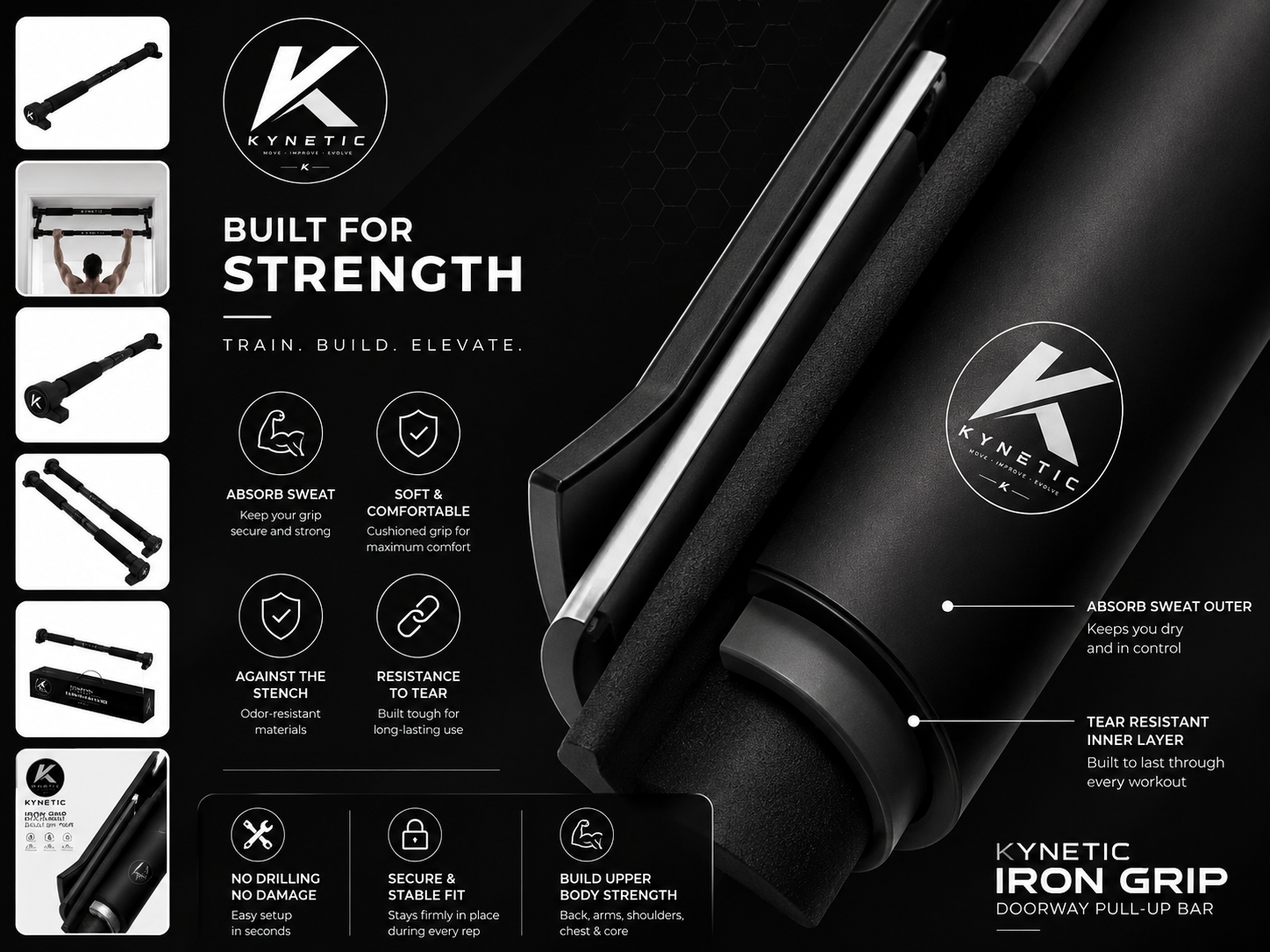 Kynetic IronGrip™ Doorway Pull-Up Bar | No-Screw Home Gym Trainer