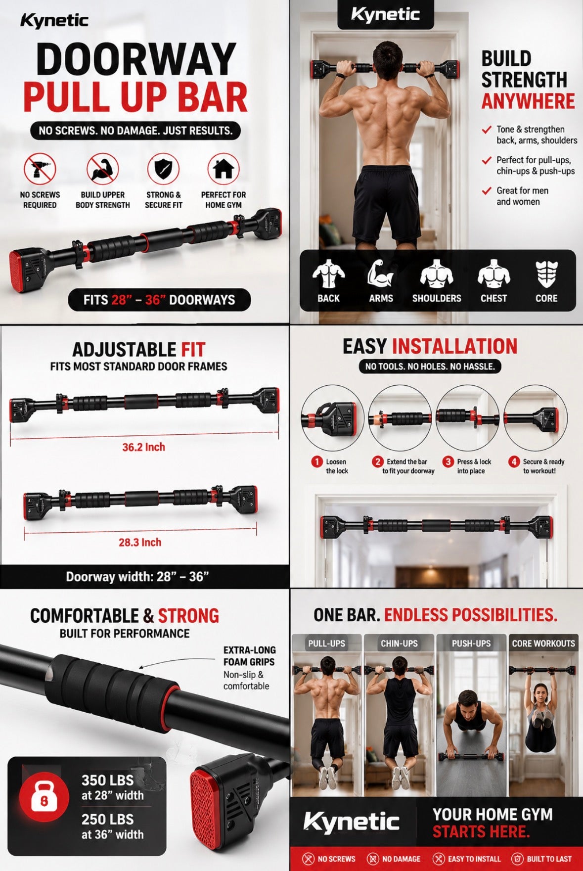 Kynetic™ Doorway Pull Up Bar

Transform any doorway into your personal workout station with the Kynetic™ Doorway Pull Up Bar — built for strength training, upper body workouts, and daily fitness routines without drilling or damaging your walls.