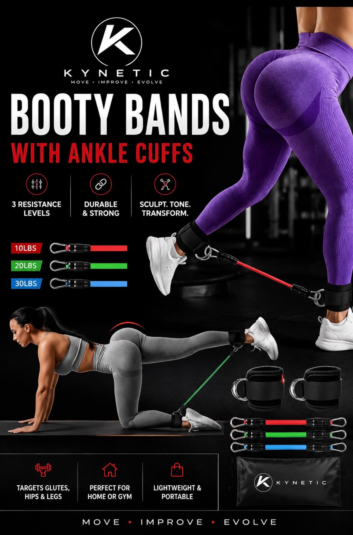 Kynetic Ankle Resistance Bands with Cuffs – Adjustable Glute & Leg Workout Bands for Women & Men | Home Gym Equipment for Kickbacks, Hip Thrusts & Strength Training